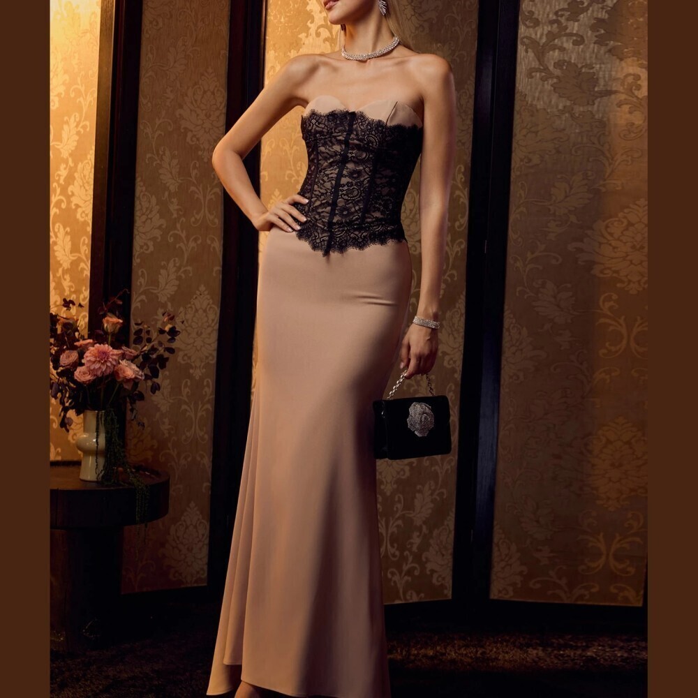 Tan / Black Lace Corset Bodice Strapless Mermaid Maxi Gown Dress